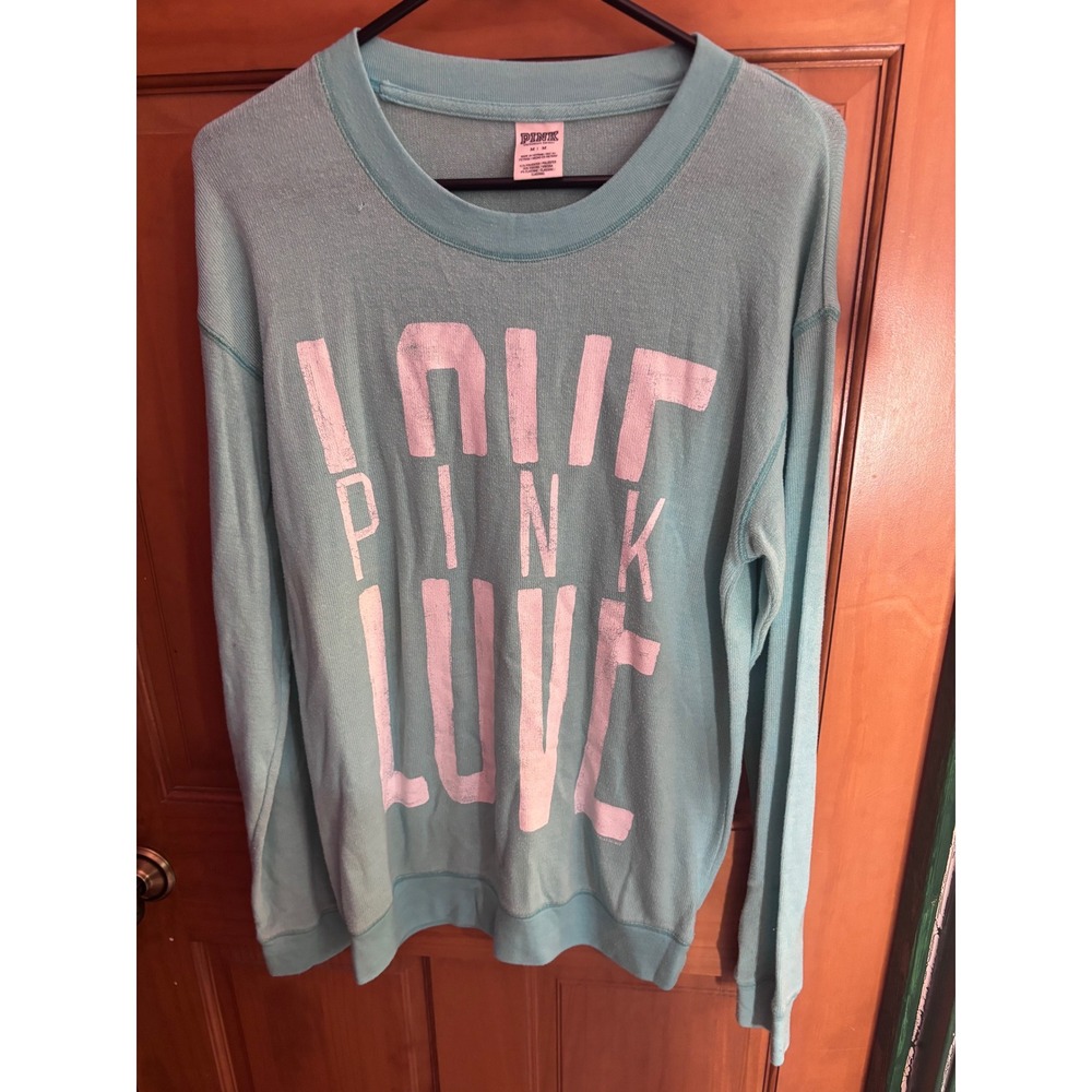Victoria's Secret PINK Sweatshirt Aqua Blue Love Pink Graphic Pullover Medium